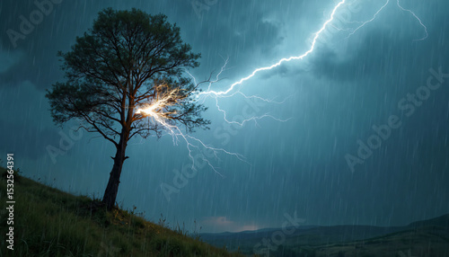 Lightning Striking Tree During Rainstorm