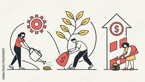Illustration showing business growth chart, handshake, chess piece, and globe, all in a line art style design