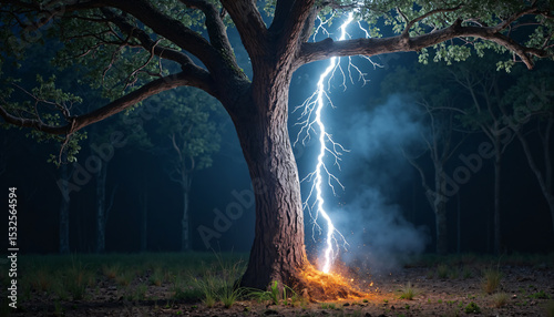 Tree Struck by Lightning at Night