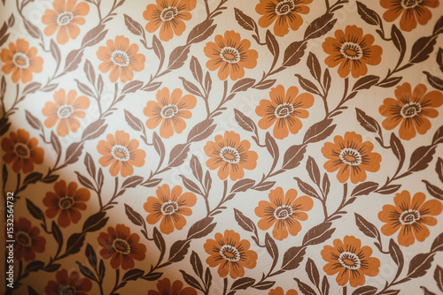 Vintage 70s floral wallpaper pattern with muted orange and brown tones, evoking a groovy retro aesthetic. Ideal for nostalgic design projects, posters, and social media visuals.

