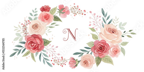 Floral Wreath Monogram N Watercolor Roses, Isolated on Transparent Background, Roses, Monogram, Wreath