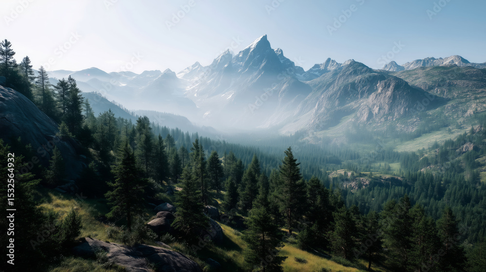 Fototapeta premium Majestic mountain range with evergreen forest and clear blue sky