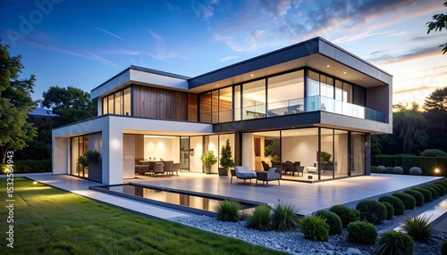 Modern Architectural Marvel: Luxurious Two-Story House at Dusk