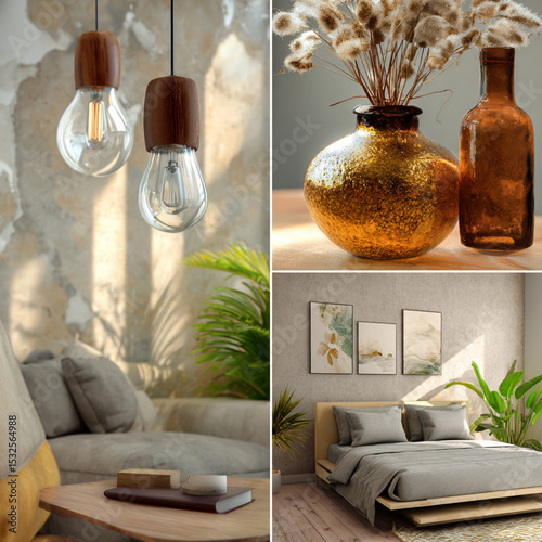 A Modern interior design featuring pendant lights, decorative vases, and cozy bedroom. warm tones and natural elements create welcoming atmosphere