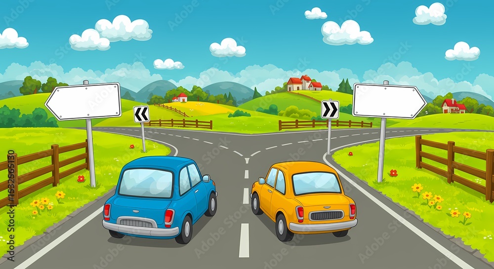 Fototapeta premium The car decides whether to go left or right with Blank Direction Signs.