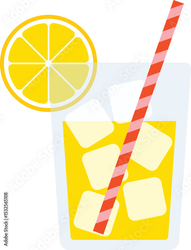 Fresh lemonade with lemon slice and striped straw. Great for summer drinks, juice bars, fruit beverages, or menu illustrations.