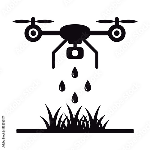 Black Silhouette of Agricultural Drone Applying Liquid to Plants.
