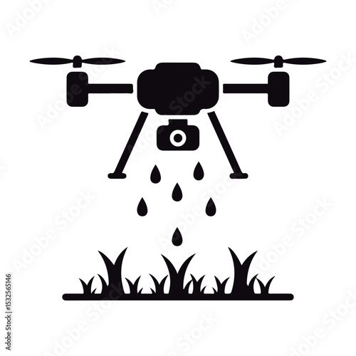 Black Silhouette of Agricultural Drone Applying Liquid to Plants.
