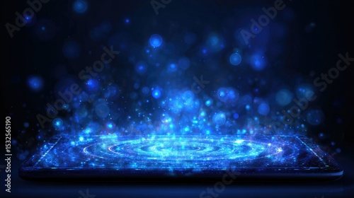 Futuristic Tablet with Holographic Data on Black Background: Abstract High-Tech Commercial Design for Finance and Technology. Innovative Digital Concept for Annual Reports, Presentations, and Economic