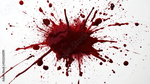 A large, dark red blood splatter spreads outward on a white surface with varying droplet sizes and irregular edges.