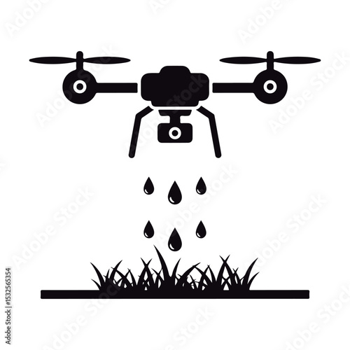 Black Silhouette of Agricultural Drone Applying Liquid to Plants.
