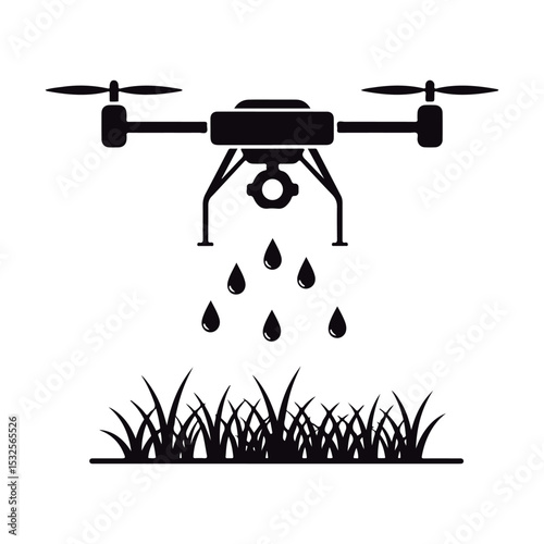 Black Silhouette of Agricultural Drone Applying Liquid to Plants.
