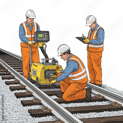 Railway Track Inspection Team Using Modern Testing Equipment Illustration
