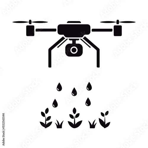 Black Silhouette of Agricultural Drone Applying Liquid to Plants.
