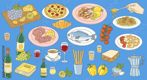 Diverse Food Variety Still Life Illustration for Culinary Projects