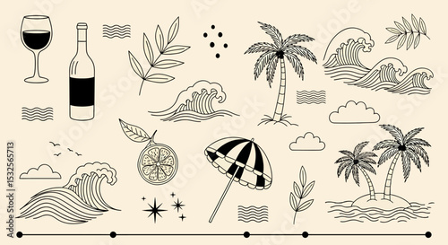 Vintage Tropical Beach Line Art Summer Holiday Vacation Elements