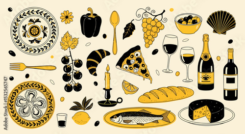 A Culinary Feast: Vector Illustration of Food and Drink Elements