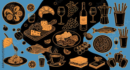 Artistic Food Illustration Featuring Diverse Dishes Beverages and Ingredients