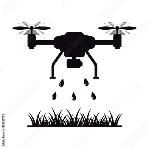 Black Silhouette of Agricultural Drone Applying Liquid to Plants.
