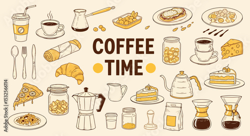 Delightful Coffee Time Vector Illustration with Food and Drink Icons