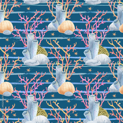 Watercolor seamless pattern with coral reef and sea anemones on sea stripes. Marine striped pattern, summer design. Ideal for summer textiles, wallpapers and beach themes.