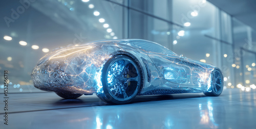 A futuristic vehicle showcasing a sleek exterior infused with artificial biotissue technology.