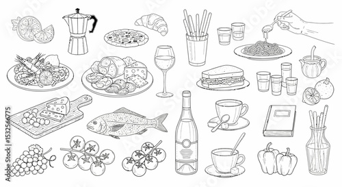 Assorted Food and Drink Line Art Still Life Illustration