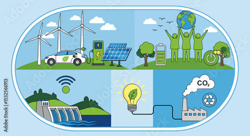 Sustainable Energy Landscape With Wind Turbines Hydroelectric Plants and Solar Panels