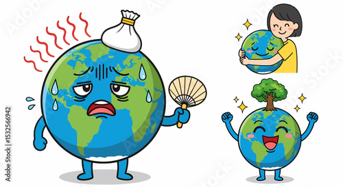 Global Warming Concept Earth Cartoon Illustration Depicting Heat And Relief
