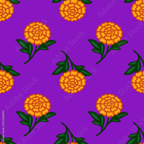 Seamless vector pattern of vibrant orange marigolds with dark green leaves on a rich purple background, creating a festive and stylized floral design perfect for Day of the Dead celebrations or aut...