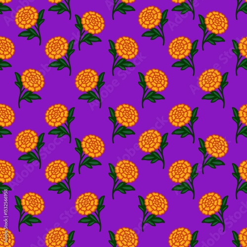 Vibrant vector seamless pattern featuring stylized orange marigolds on a rich purple background, ideal for Day of the Dead or Mexican fiesta designs.