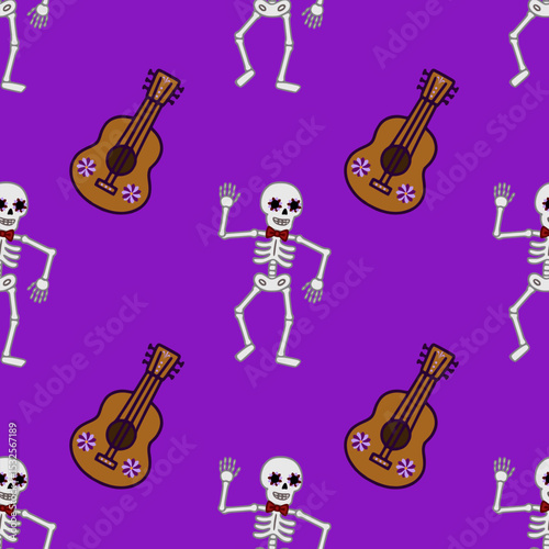 Seamless vector pattern featuring dancing skeletons with floral eye makeup and decorative guitars on a vibrant purple background, perfect for Day of the Dead celebrations.