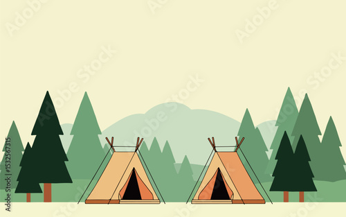 Camping Scene with Tents and Mountains