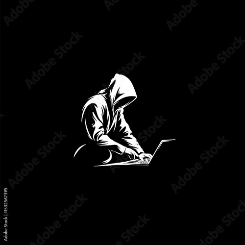 vector silhouette of a hacker at a laptop .Generative AI