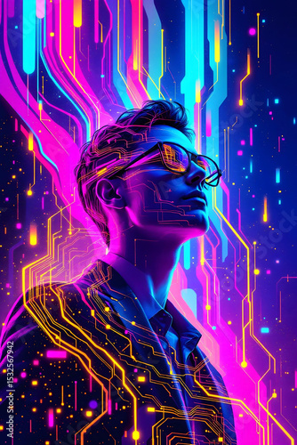 Futuristic digital portrait of man with neon lights