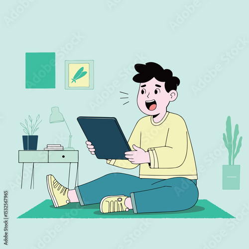 Boy Using Tablet on Floor