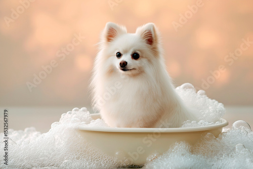 Fluffy white Pomeranian dog sitting in a bathtub filled with bubbles against a soft peach background