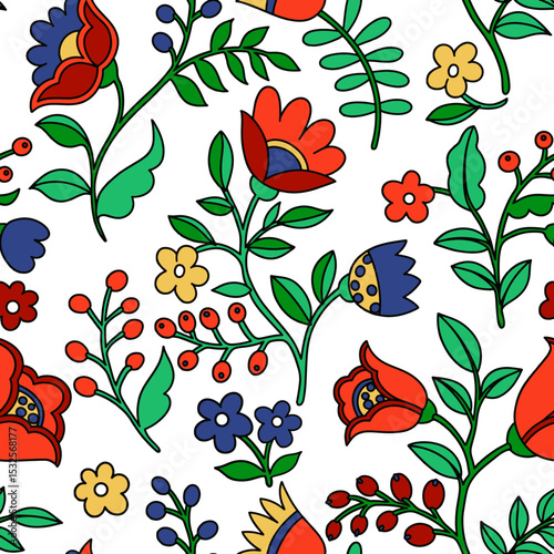 Seamless pattern of abstract fantasy flowers in folk style. Vector illustration in doodle style