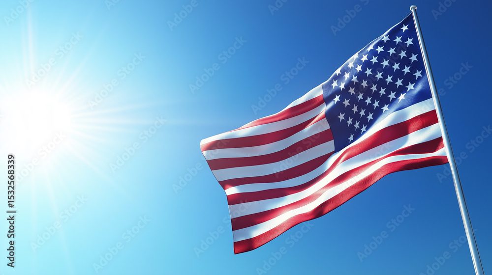 Obraz premium American Flag Waving in Bright Sunlight and Blue Sky