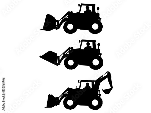 A sequence of silhouette images showing bulldozer movement, in multiple frames from left to right, showing the blade raising and lowering, emphasizing mechanical function.