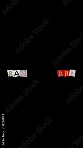 RANSOMWARE large text created with cut out letters from right and left of varying backgrounds and sizes pasted onto a BLACK  background in Vertical Layout