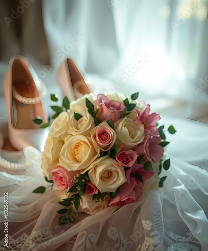 Elegant bridal bouquet rests on delicate lace, accompanied by satin heels in soft morning light