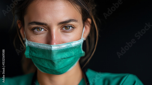 Portrait of a healthcare worker wearing a green medical mask and scrubs