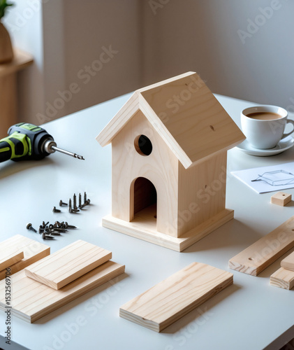 Crafting a wooden birdhouse on a sunny afternoon with coffee and tools nearby