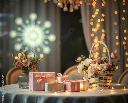 Festive gathering celebrating love and joy with beautifully wrapped gifts and elegant floral arrangements in a cozy setting