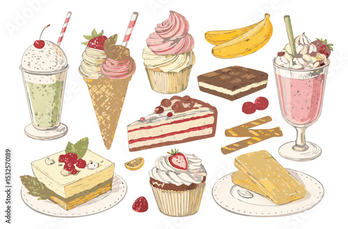 Hand-Drawn Collection of Vintage Desserts and Beverages