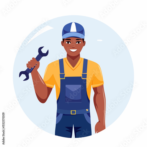 Flat vector of a male mechanic in overalls and cap holding wrench, automotive repair, technician, manual labor, industry, worker, maintenance, profession, black silhouette