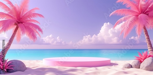 Fototapeta Naklejka Na Ścianę i Meble -  Pink palm tree beach stage display