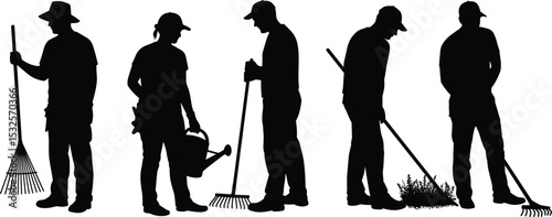 Silhouette of gardeners working with tools, men and women, raking, watering, landscaping activity, black vector illustration, gardening concept, outdoor maintenance