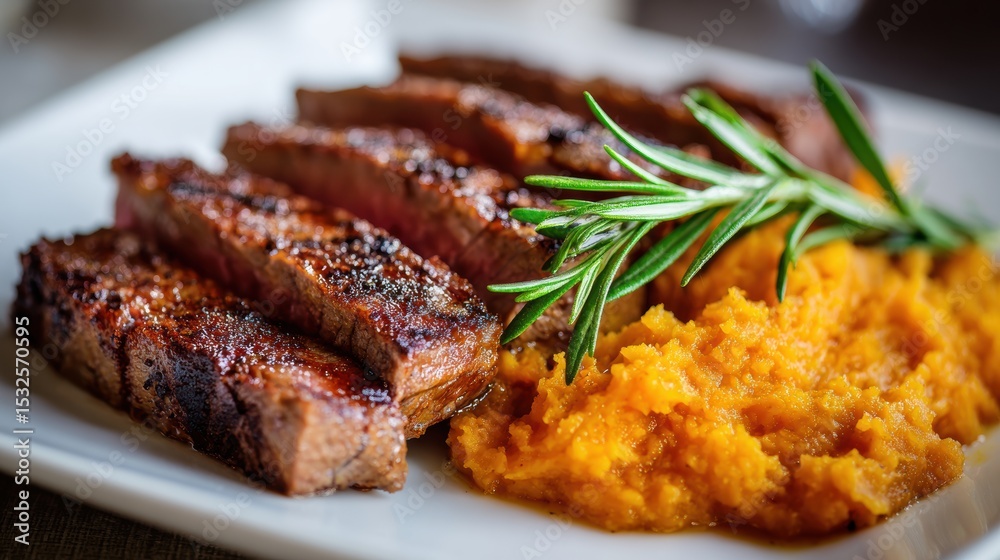 Foods after workout for optimal recovery. Succulent beef slices served with mashed squash and a sprig of rosemary on a white plate. Foods after workout for optimal recovery. Succulent beef slices served with mashed squash and a sprig of rosemary on a white plate.